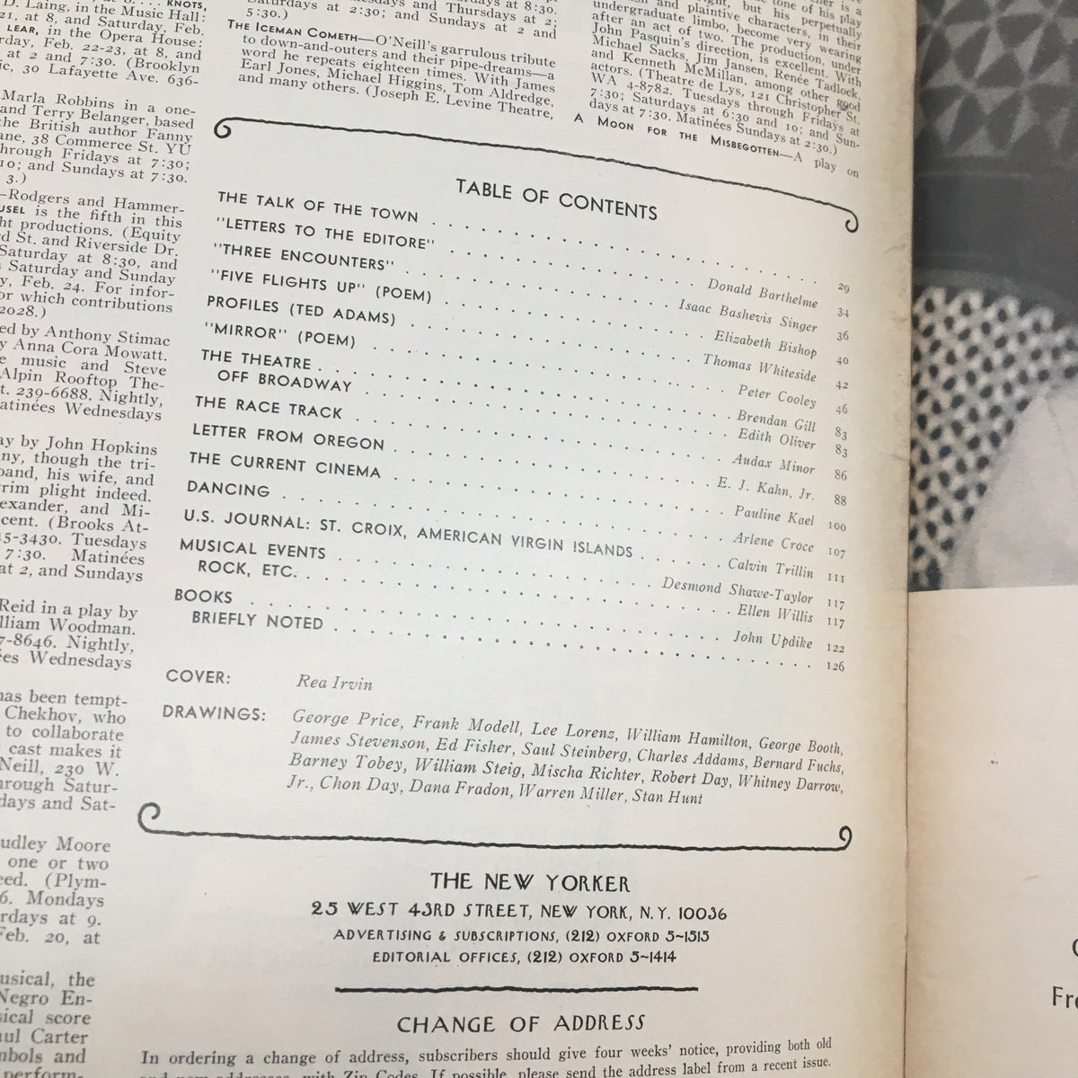 Table of contents page from The New Yorker Magazine February 25, 1974, showcasing featured articles and the cover design credit to Rea Irvin.