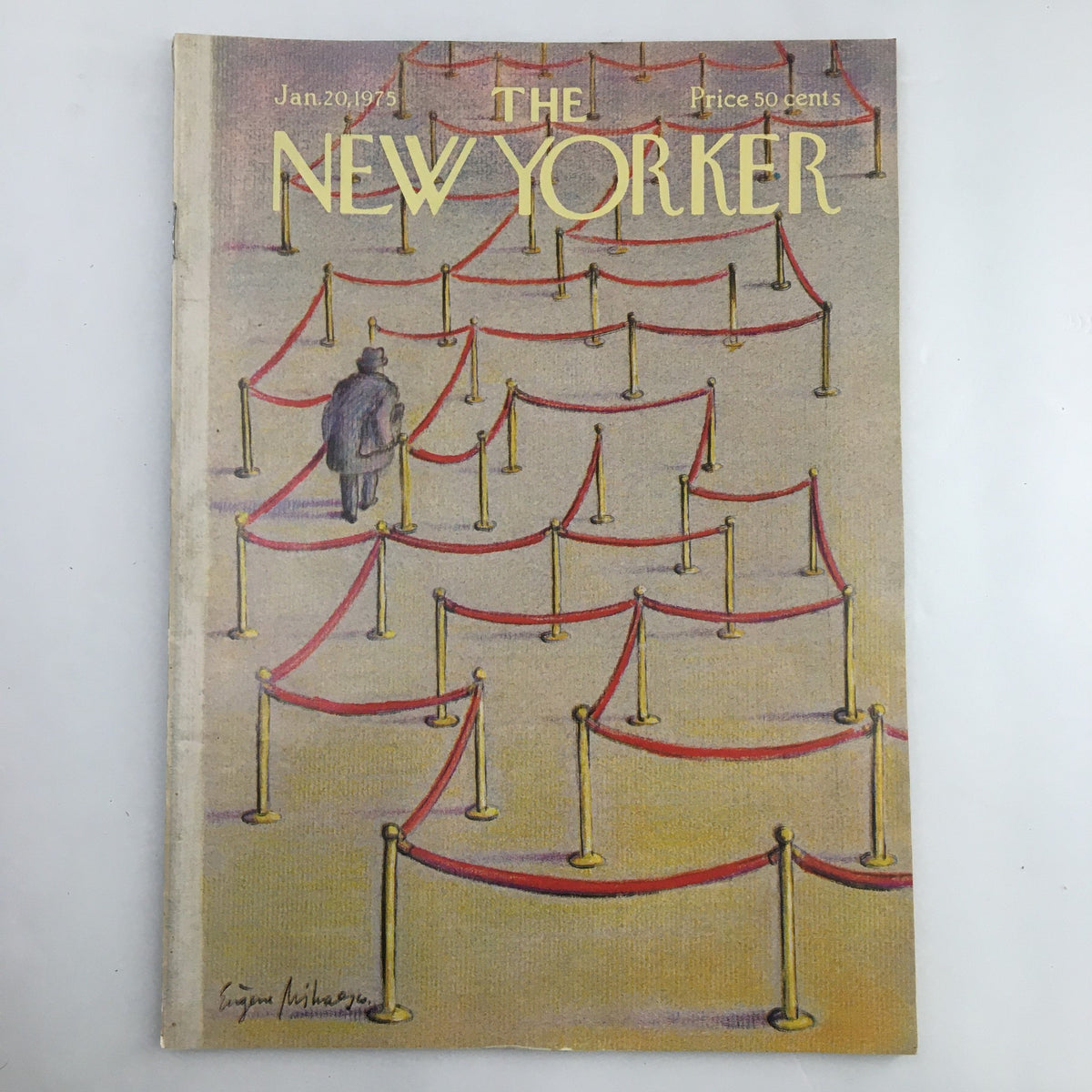 Cover of The New Yorker Magazine January 20, 1975, featuring the artwork 'The Red Lines' by Eugene Mihaesco, showcasing a man walking through a pattern of red ropes.