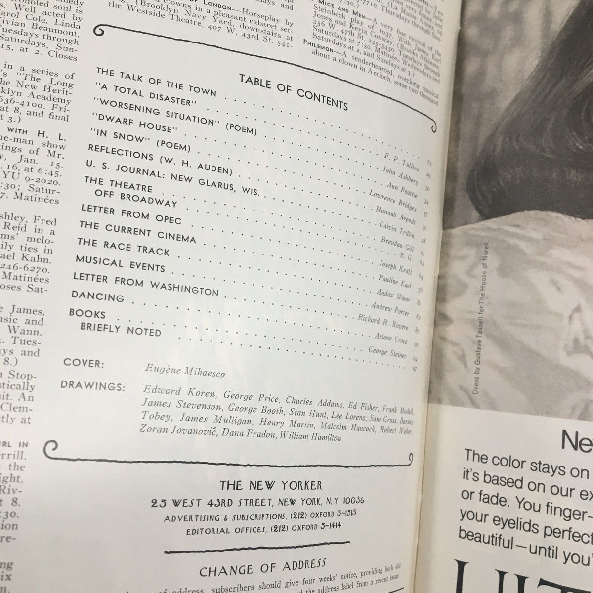 Table of contents from The New Yorker Magazine January 20, 1975, listing articles and drawings, including contributions from Eugene Mihaesco and other artists.