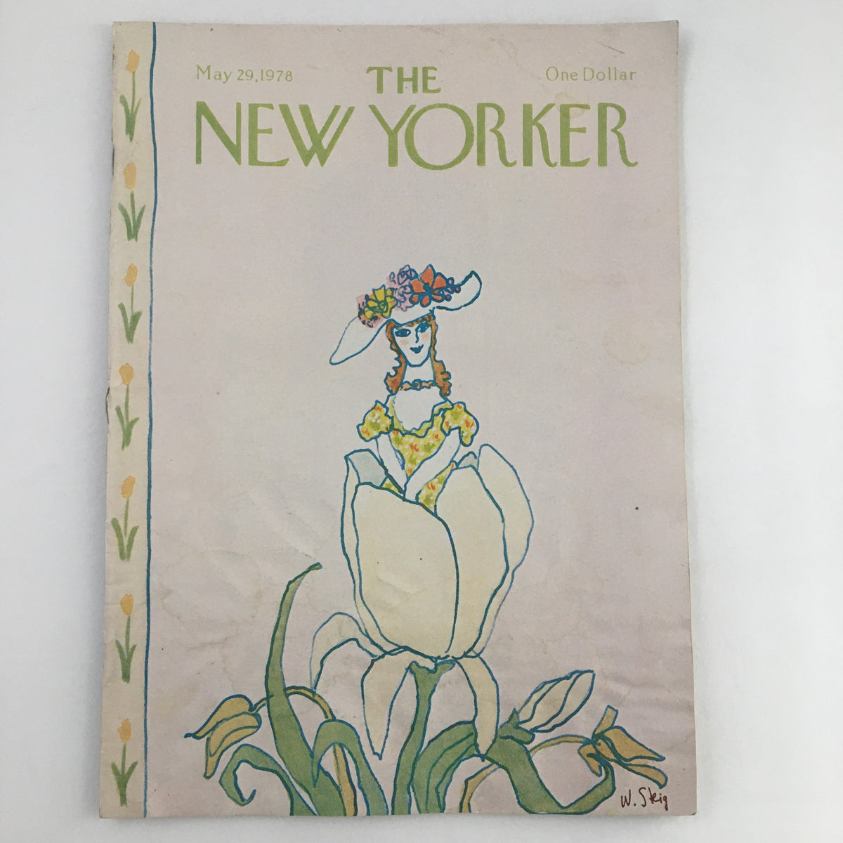 The New Yorker Magazine May 29 1978 cover featuring whimsical 'Tulip Lady' illustration by William Steig, showcasing a woman adorned with flowers in her hat and surrounded by tulips.
