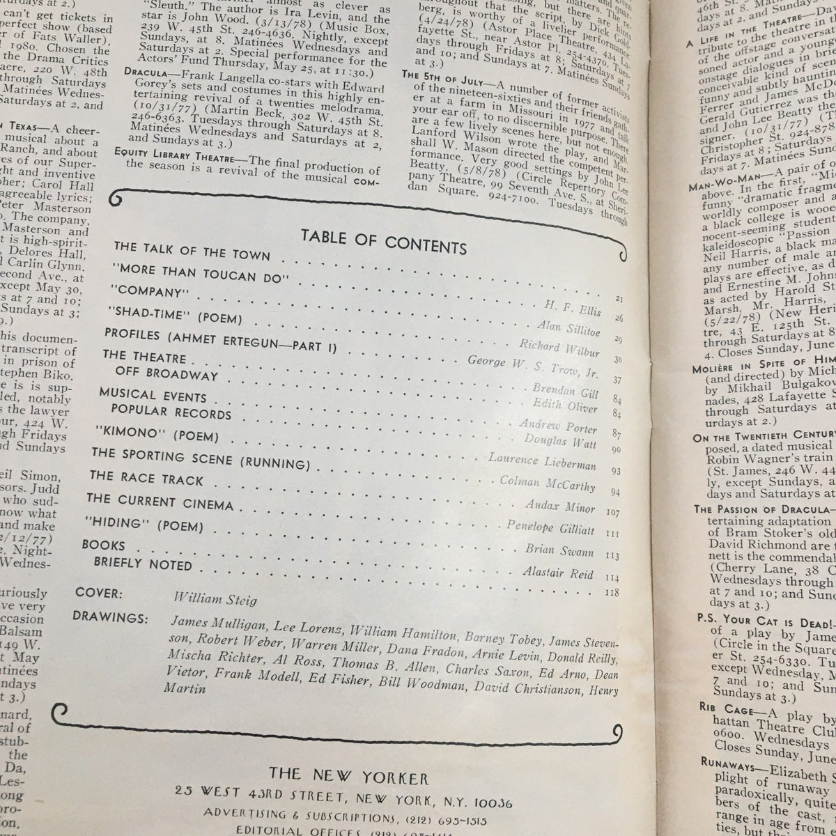 Table of Contents from The New Yorker Magazine May 29 1978 featuring various articles and poems including contributions by William Steig.