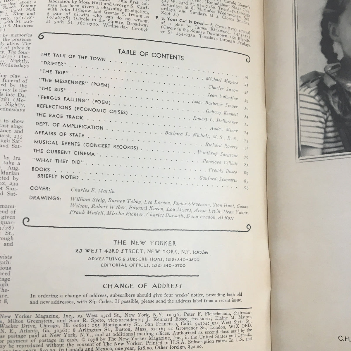 Table of Contents from The New Yorker Magazine, August 28, 1978, listing articles and contributors, with cover art attribution to Charles E. Martin.