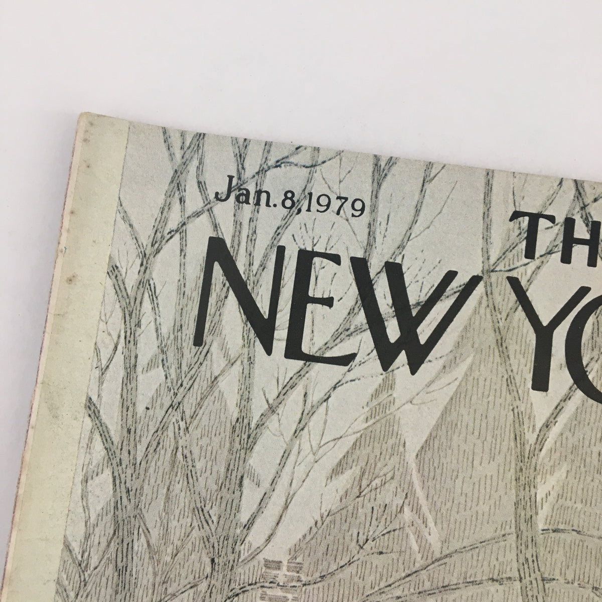 Close-up view of The New Yorker Magazine January 8 1979 cover, highlighting the title and artistic details of 'House in the Snow' by Charles E. Martin.
