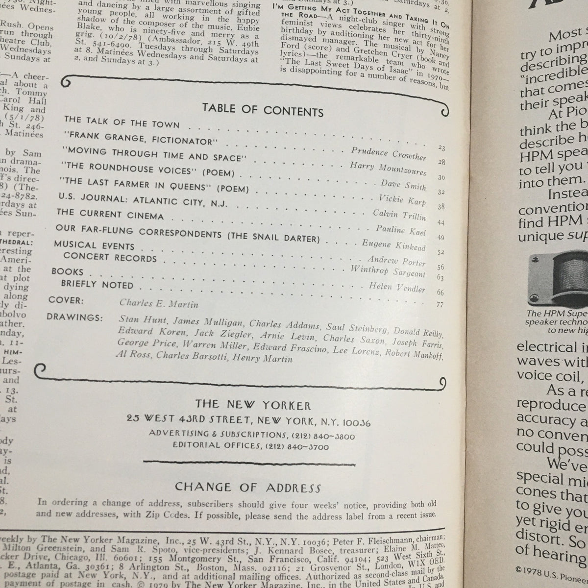 Interior page of The New Yorker Magazine January 8 1979 displaying the table of contents, including featured articles and the cover illustration by Charles E. Martin.
