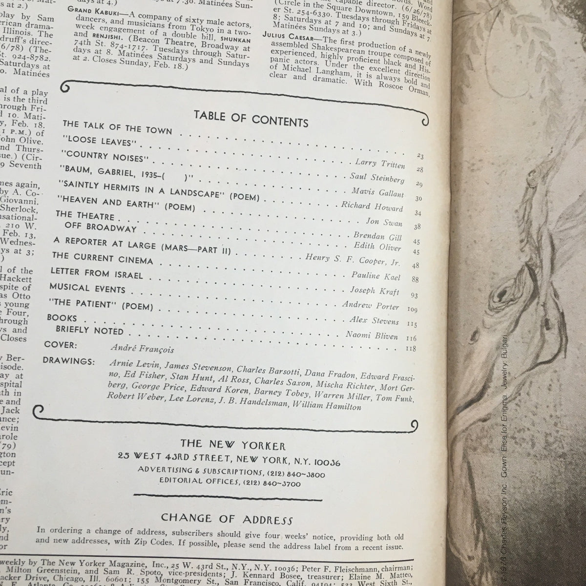 Interior page of The New Yorker Magazine February 12, 1979, showcasing the table of contents with details of articles, poems, and illustrations by Andre Francois.