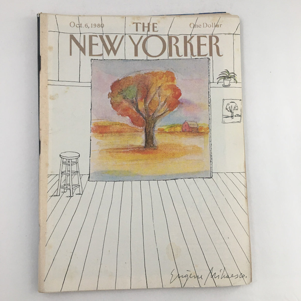 Cover of The New Yorker Magazine, October 6, 1980, featuring a tree painting by Eugene Mihaesco, showcasing a vibrant artwork in a museum-like setting.