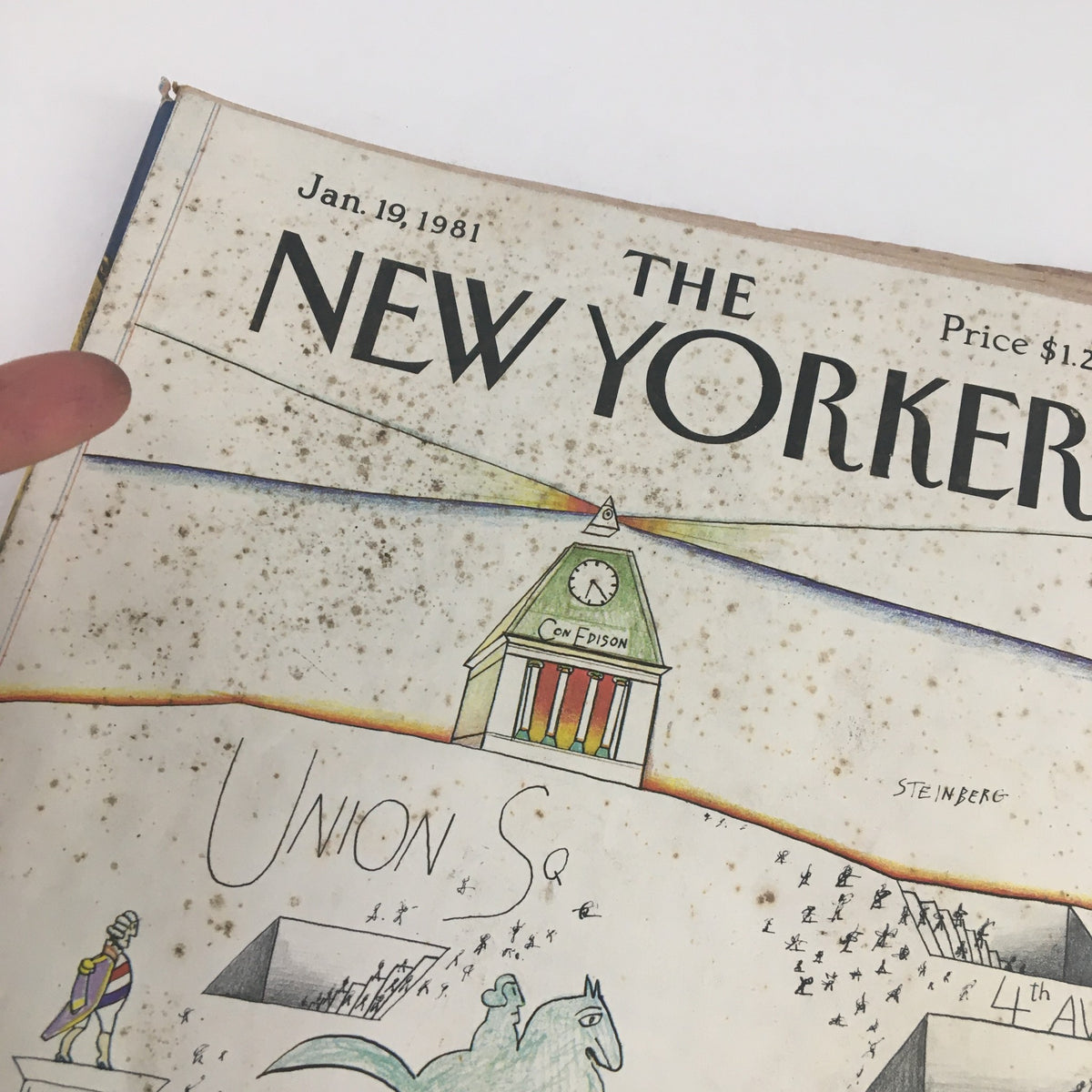 Close-up of the cover of The New Yorker Magazine January 19 1981, highlighting details of the 'Union Square Street' illustration by Saul Steinberg.