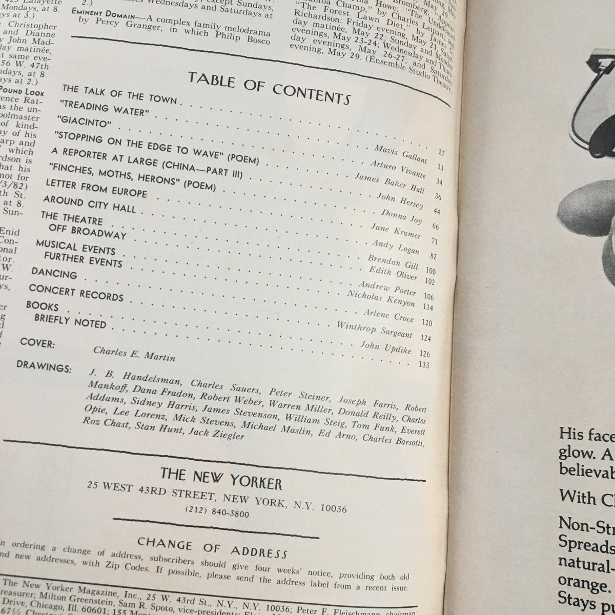 Table of contents from The New Yorker Magazine, May 24, 1982, listing articles and features including 'Barrel House' by Charles E. Martin, reflective of the magazine's rich literary culture.