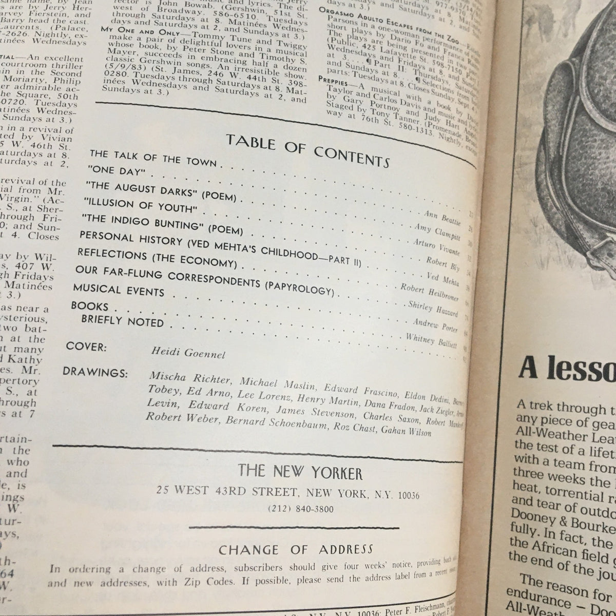 Table of contents page from The New Yorker Magazine August 29 1983, highlighting the cover artist Heidi Goennel and articles included.
