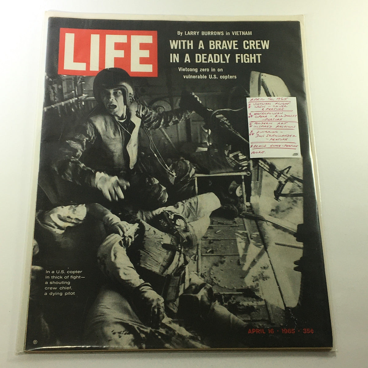 Cover of vintage Life Magazine from April 16, 1965, highlighting the Vietnam flight crew with a gripping image of a helicopter crew in action during combat. The magazine features a bold 'LIFE' logo.