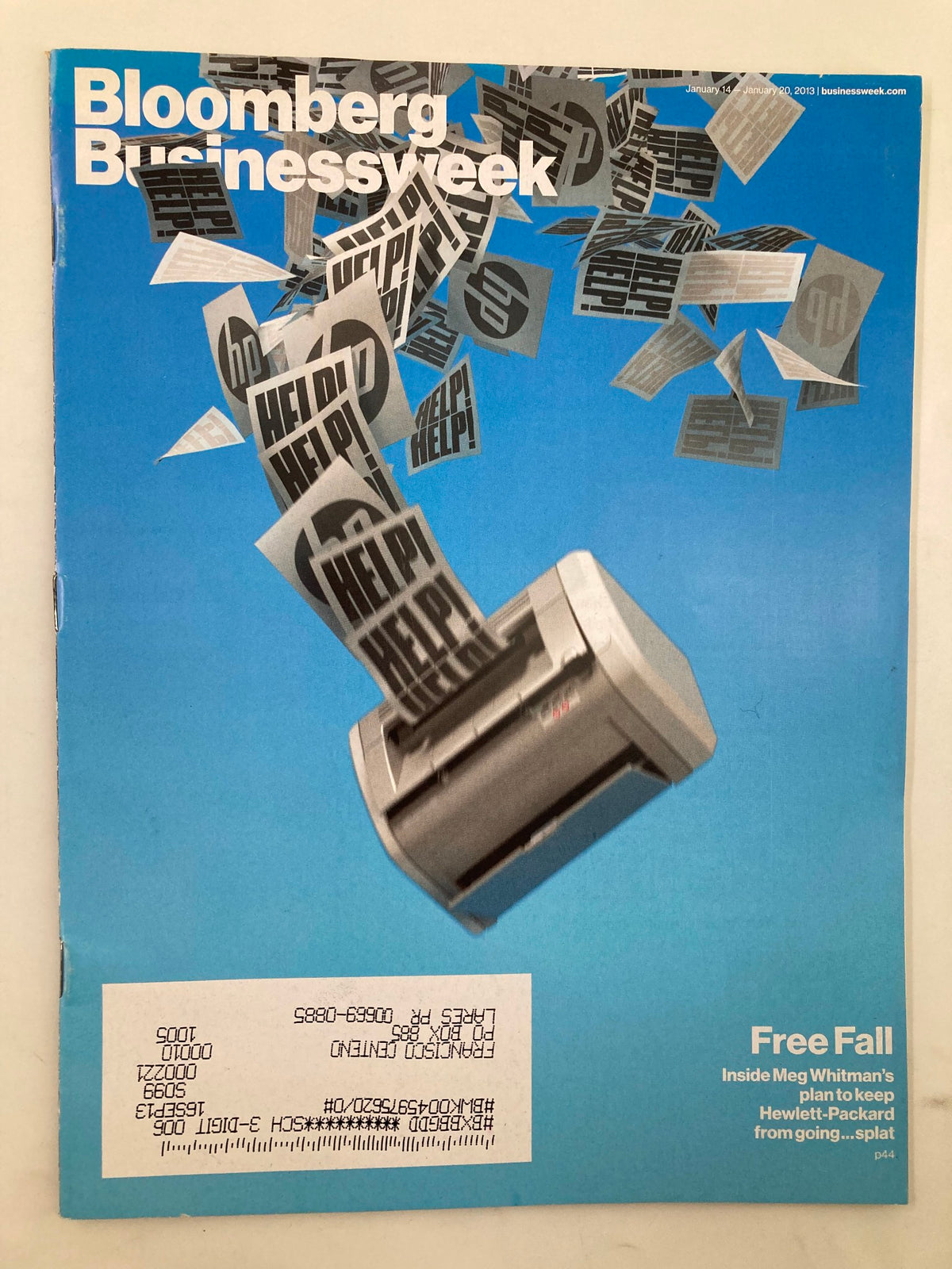 Cover of Bloomberg Businessweek Magazine January 14, 2013, featuring an illustration of papers being shredded, highlighting the theme 'Free Fall' and a feature on Meg Whitman's plan to lead Hewlett-Packard.