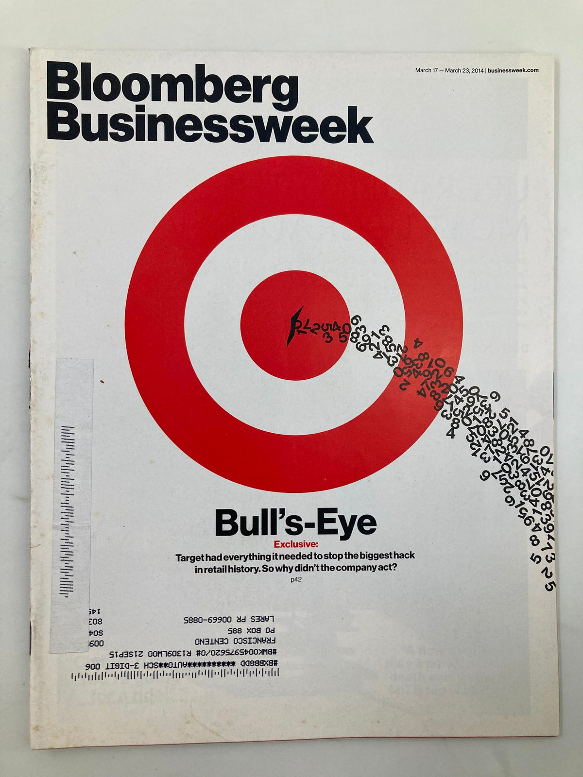 Bloomberg Businessweek Magazine cover from March 17, 2014, featuring the title 'Bull's-Eye' and a striking target design. This issue explores Target's corporate strategies and the significant cybersecurity breach known as the 'Biggest Hack', making it a valuable collectible for business and technology enthusiasts.