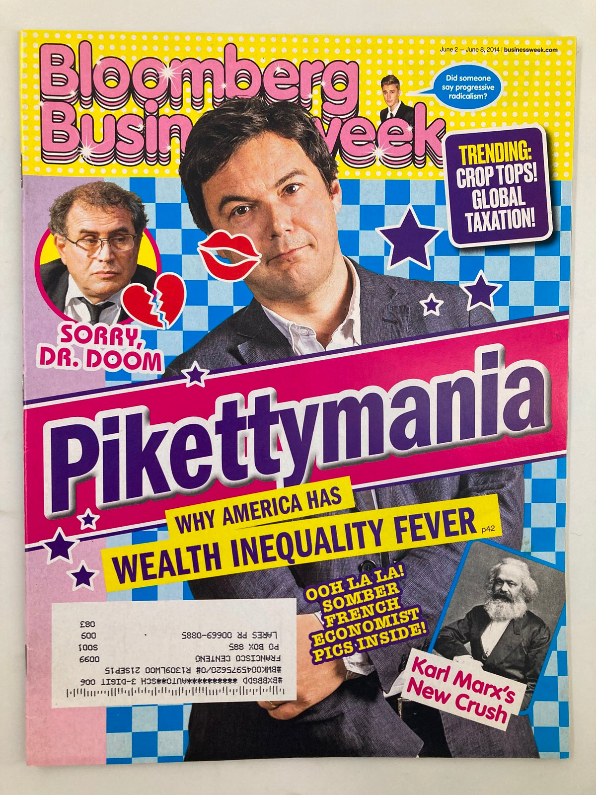 Bloomberg Businessweek Magazine June 2 2014 cover featuring the headline 'Pikettymania: Why America Has Wealth Inequality Fever', with colorful graphics and imagery, showcasing collector's item status and vintage design.