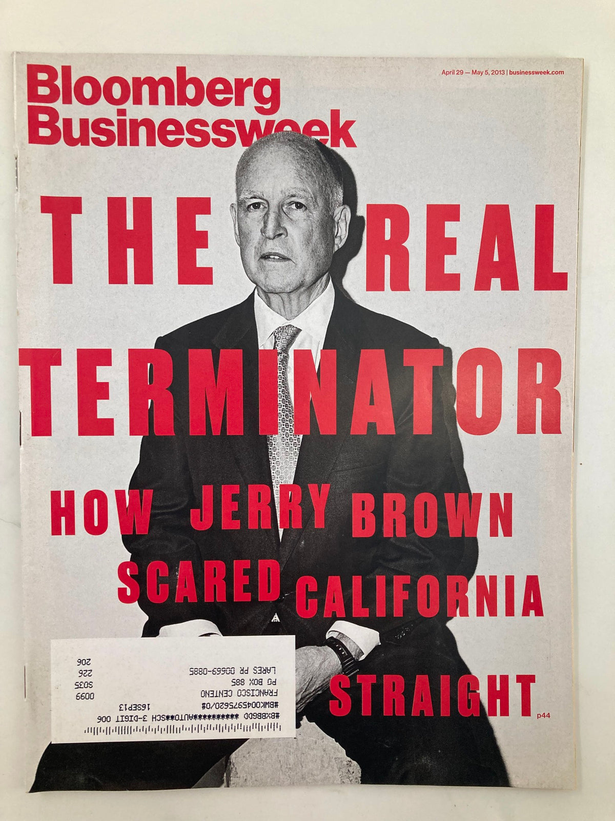 Bloomberg Businessweek Magazine cover from April 29, 2013, featuring the title 'The Real Terminator: How Jerry Brown Scared California Straight.' The cover showcases Jerry Brown, California Governor, and highlights his political significance in a striking design.