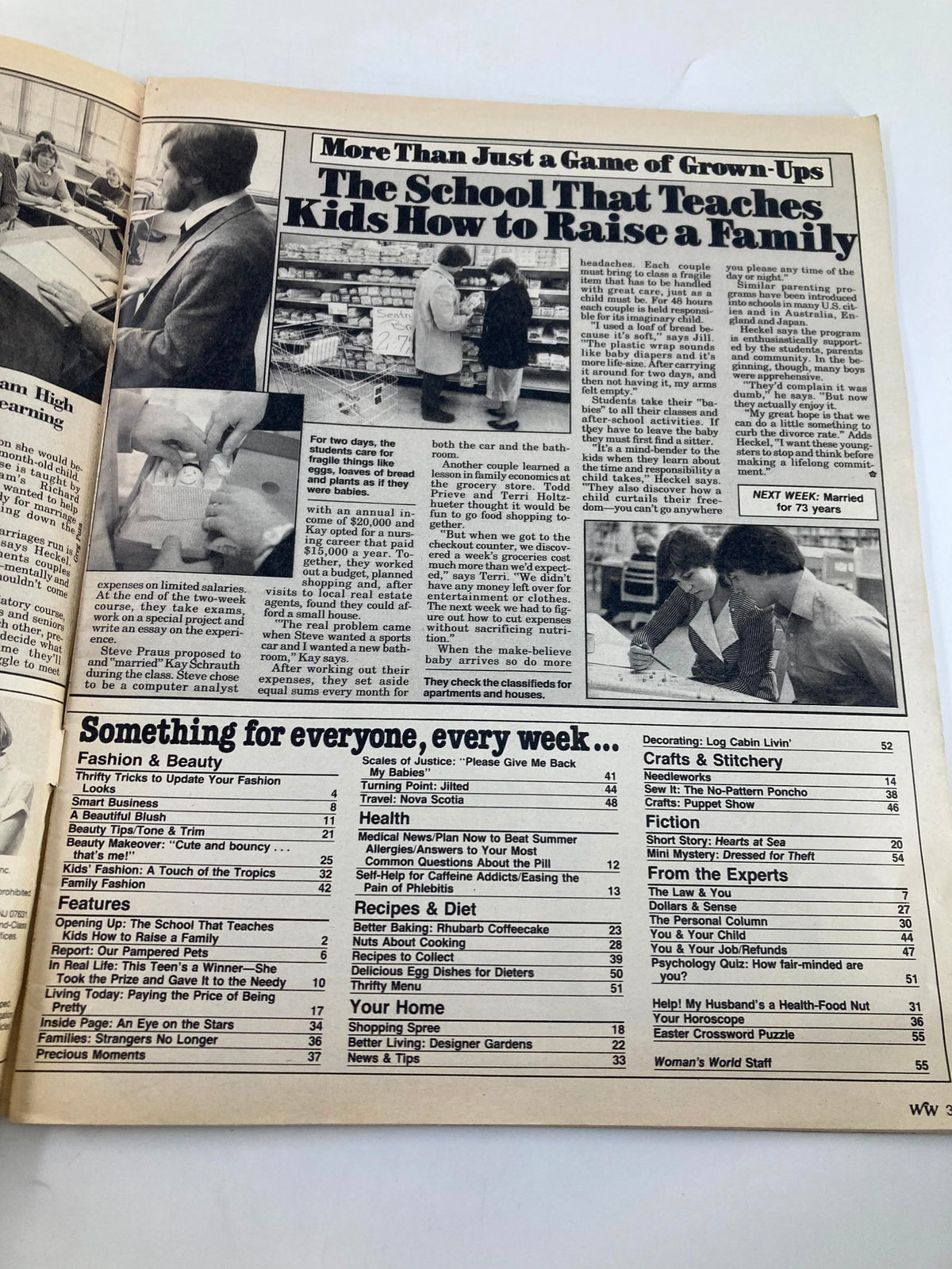 Inside page of Woman's World Magazine, April 17 1984, depicting an article titled 'The School That Teaches Kids How to Raise a Family' with images of couples and children, highlighting various educational themes.