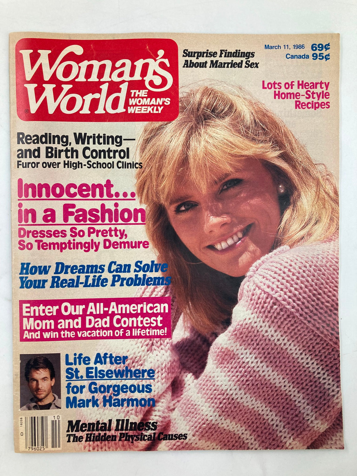 Cover of Woman's World Magazine March 11, 1986 featuring a beautiful woman and Mark Harmon, highlighting articles about fashion, health, and lifestyle from the mid-1980s.