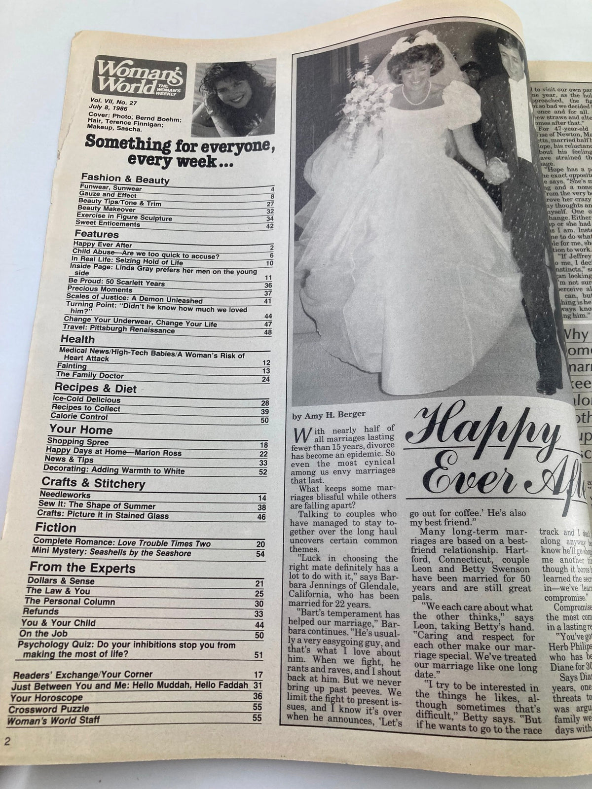 Interior page of Woman's World Magazine July 8, 1986, highlighting the table of contents. It includes various sections on fashion, beauty, health, features, and advice columns, along with the magazine's signature style.