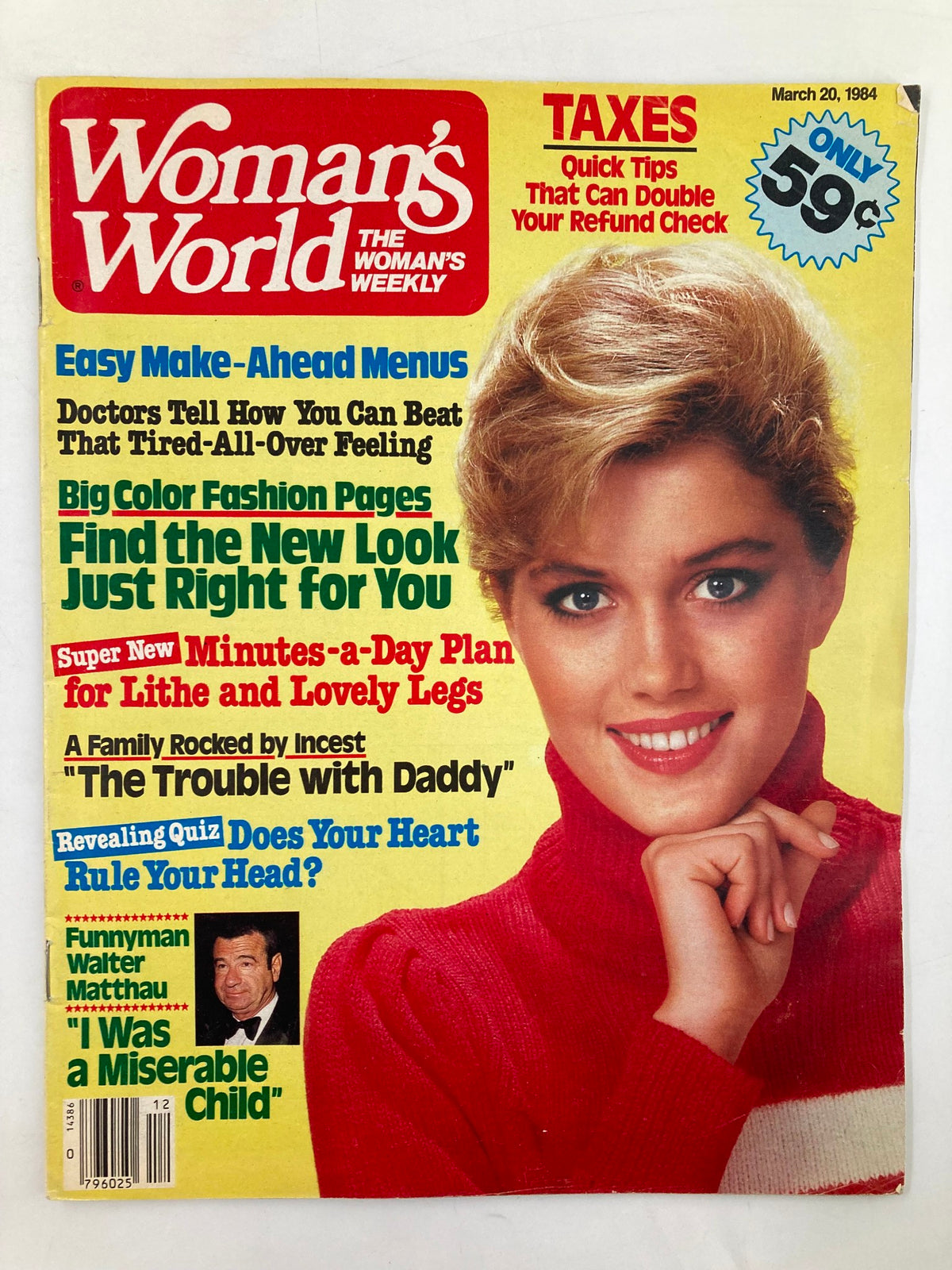 Cover of Woman's World Magazine dated March 29, 1984 featuring Funnyman Walter Matthau, with highlights on easy recipes, a family story rocked by incest, and a revealing quiz.