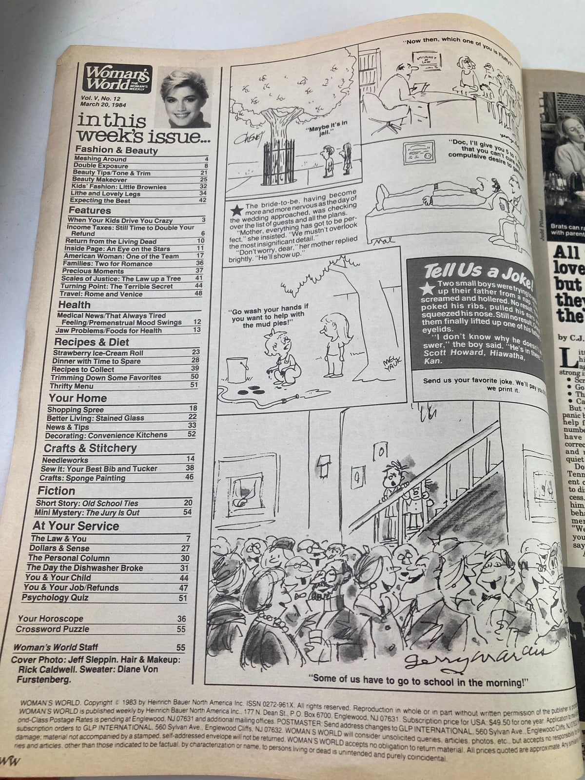 Inside page of Woman's World Magazine from March 29, 1984, showcasing the magazine's content list including fashion, health, home features, and humorous comic strips.