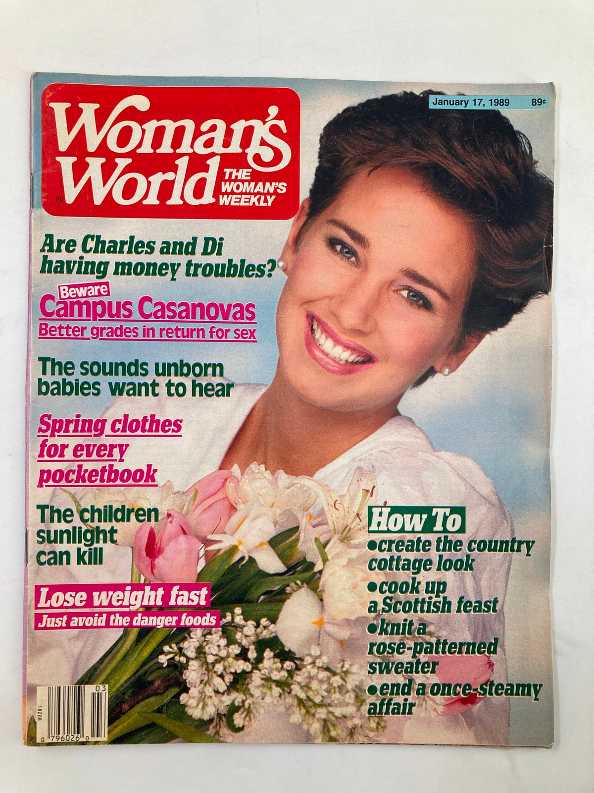 Woman's World Magazine January 17 1989 cover featuring a smiling woman holding flowers, with the headline 'Beware Campus Casanovas' and various articles listed.