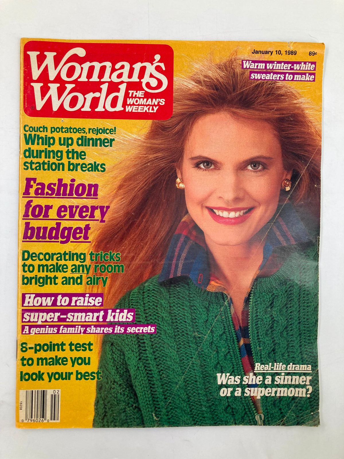 Cover of Woman's World Magazine January 10, 1989, featuring a smiling woman in a green sweater, highlighting articles on raising super-smart kids, fashion, and winter sweater making.