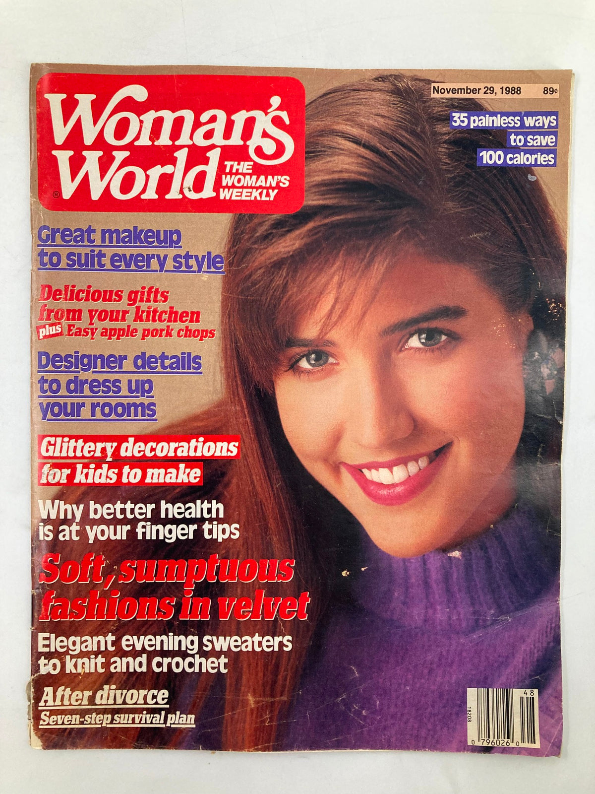 Cover of Woman's World Magazine, November 29, 1988, featuring a smiling woman and the headline 'Seven-Step Survival Plan'. The magazine showcases topics such as makeup, kitchen gifts, and health tips.
