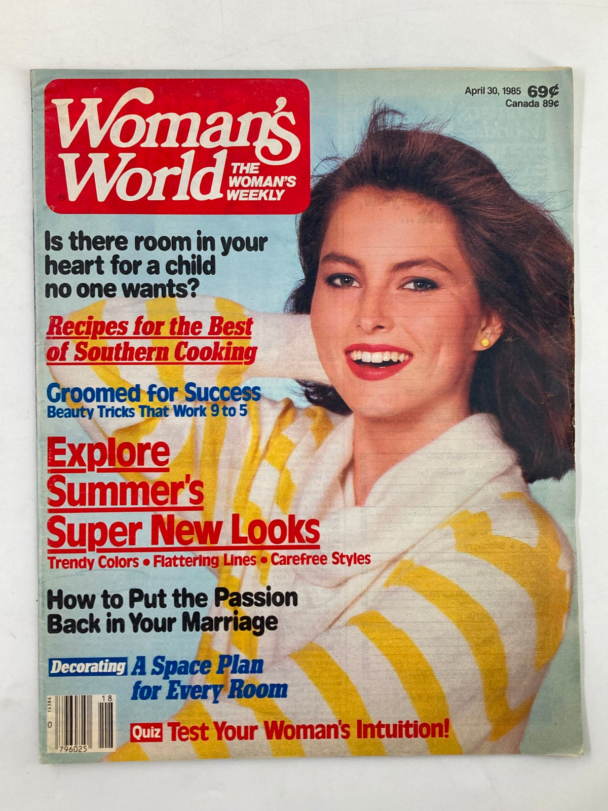 Cover of Woman's World Magazine from April 30, 1985, featuring the title 'Test Your Woman's Intuition', includes colorful articles about southern cooking, beauty tips, and summer fashion.