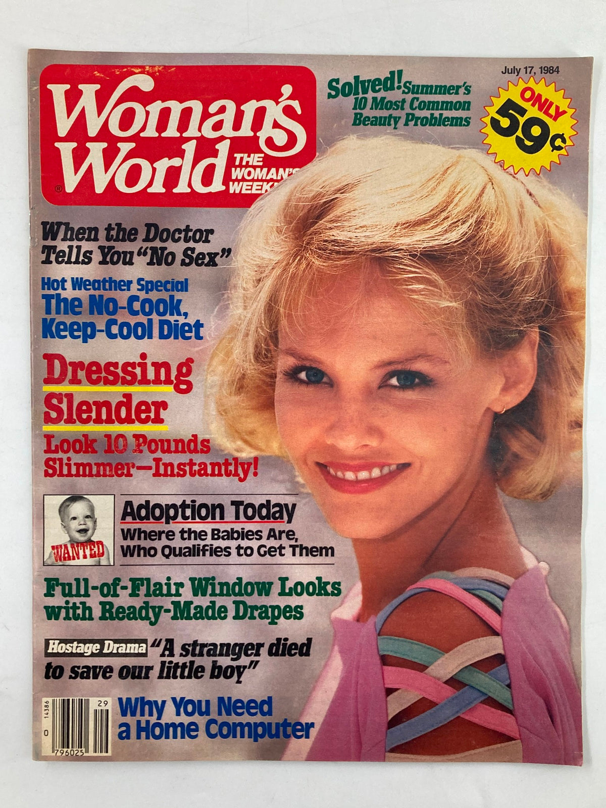 Cover of Woman's World Magazine July 17 1984 featuring the headline 'Why You Need A Home Computer' alongside articles about beauty problems and adoption, showcasing vibrant design and a smiling model.