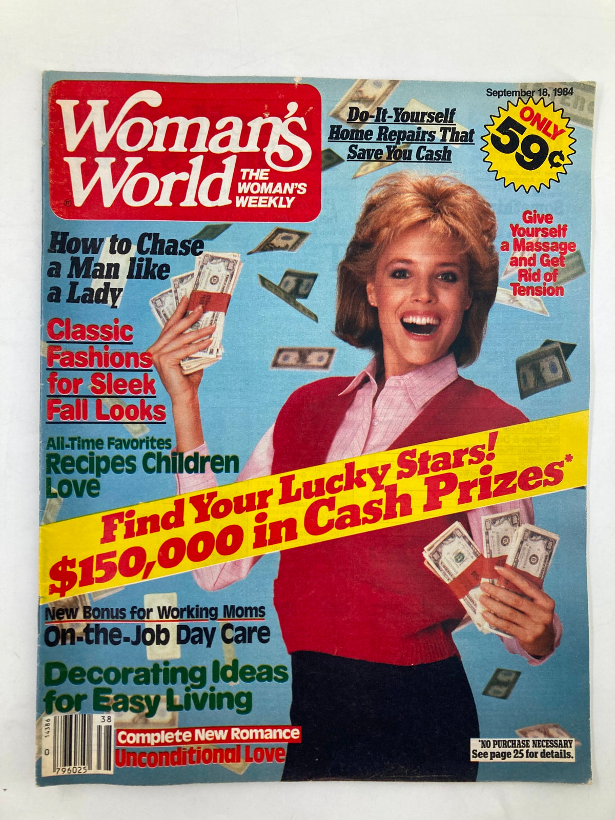 Cover of Woman's World Magazine, September 18, 1984, featuring the title 'How to Chase a Man Like a Lady' and a cheerful woman holding cash with headlines about contests and home improvement tips.