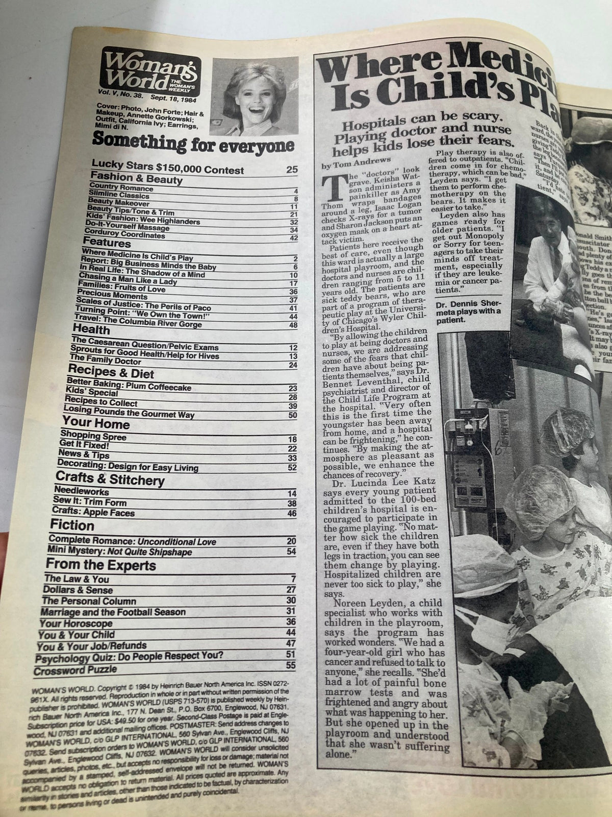 Table of contents from Woman's World Magazine, September 18, 1984, listing features such as 'Lucky Stars $150,000 Contest,' recipes, and health articles.
