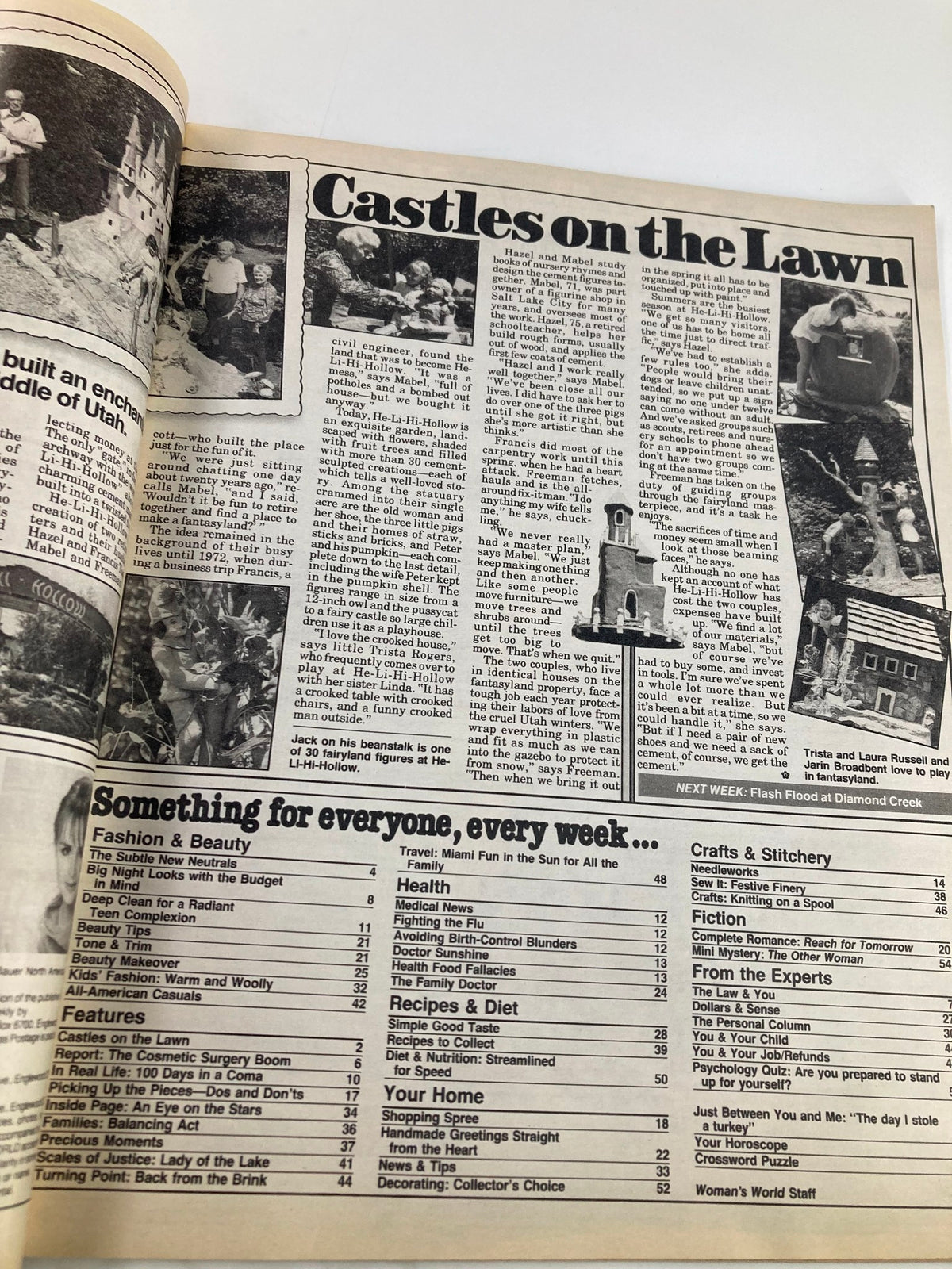 Inside page of Woman's World Magazine, November 20, 1984, presenting an article titled 'Castles on the Lawn.' The layout features images and text about creative outdoor projects and family activities, showcasing a vintage magazine experience.