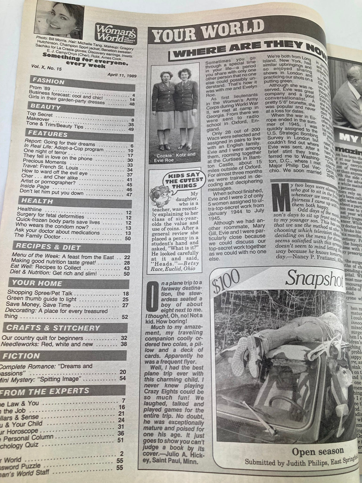 Interior page of Woman's World Magazine, April 11, 1989, displaying articles, sections on fashion, health, and features, including a photograph of women in classic attire.