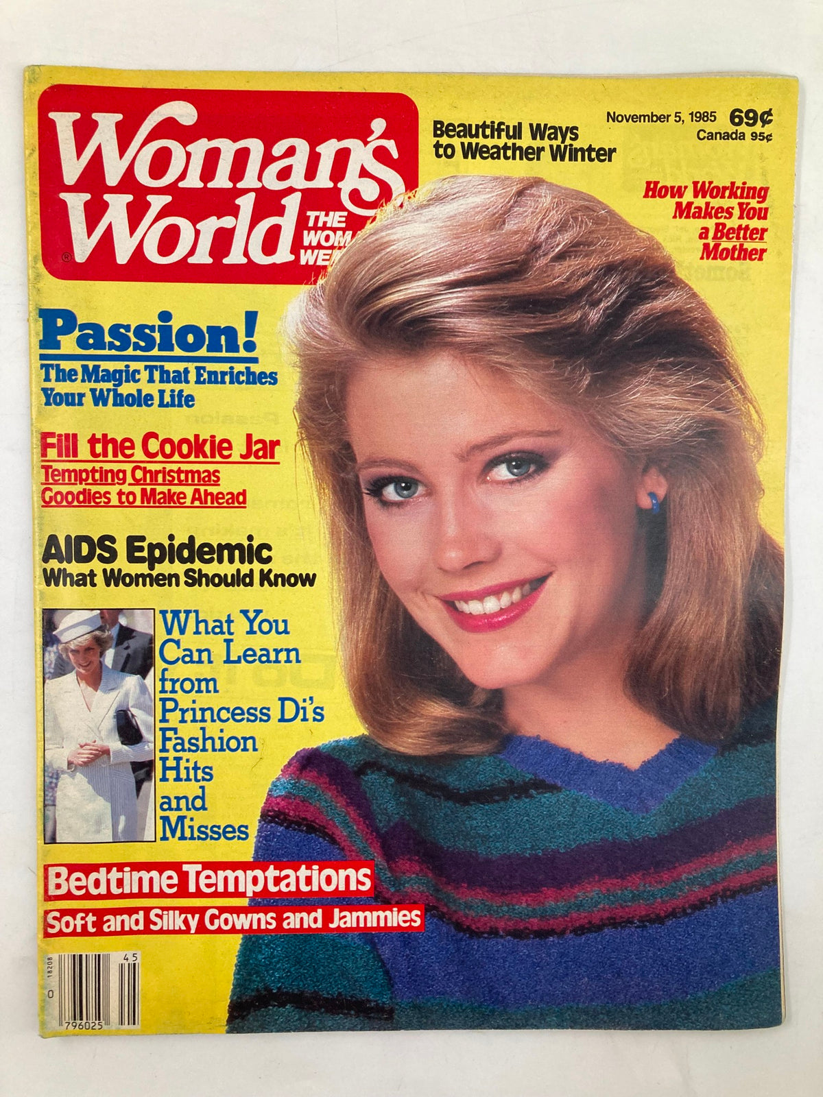 Cover of Woman's World Magazine dated November 5, 1985 featuring Princess Diana's fashion along with articles about passion and holiday treats. The cover highlights tips on fashion, beauty, and health.