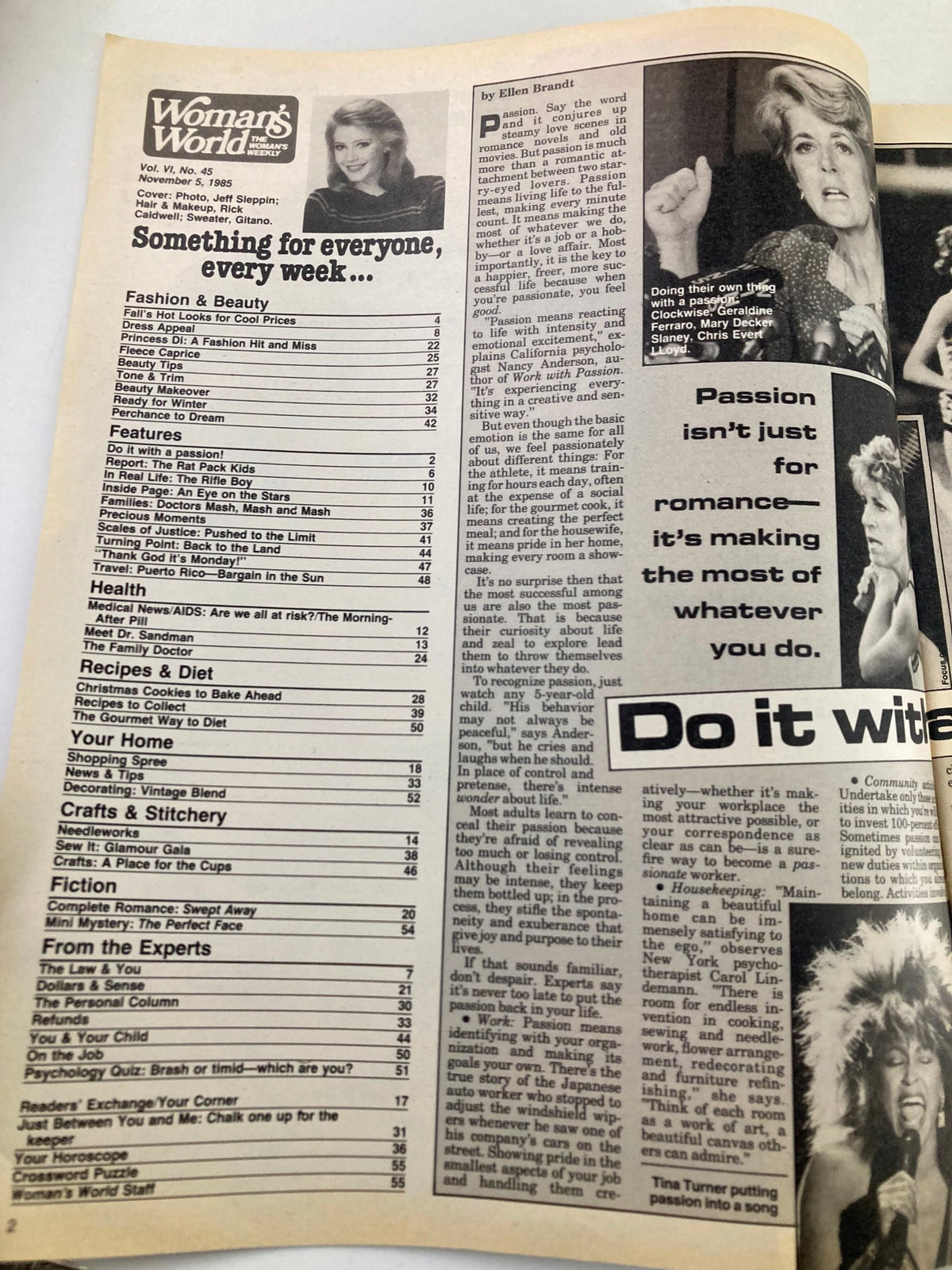 Inside content page of Woman's World Magazine from November 5, 1985, showcasing the table of contents. Includes sections on fashion, health, recipes, and features such as Princess Di's fashion and tips for a joyful life.