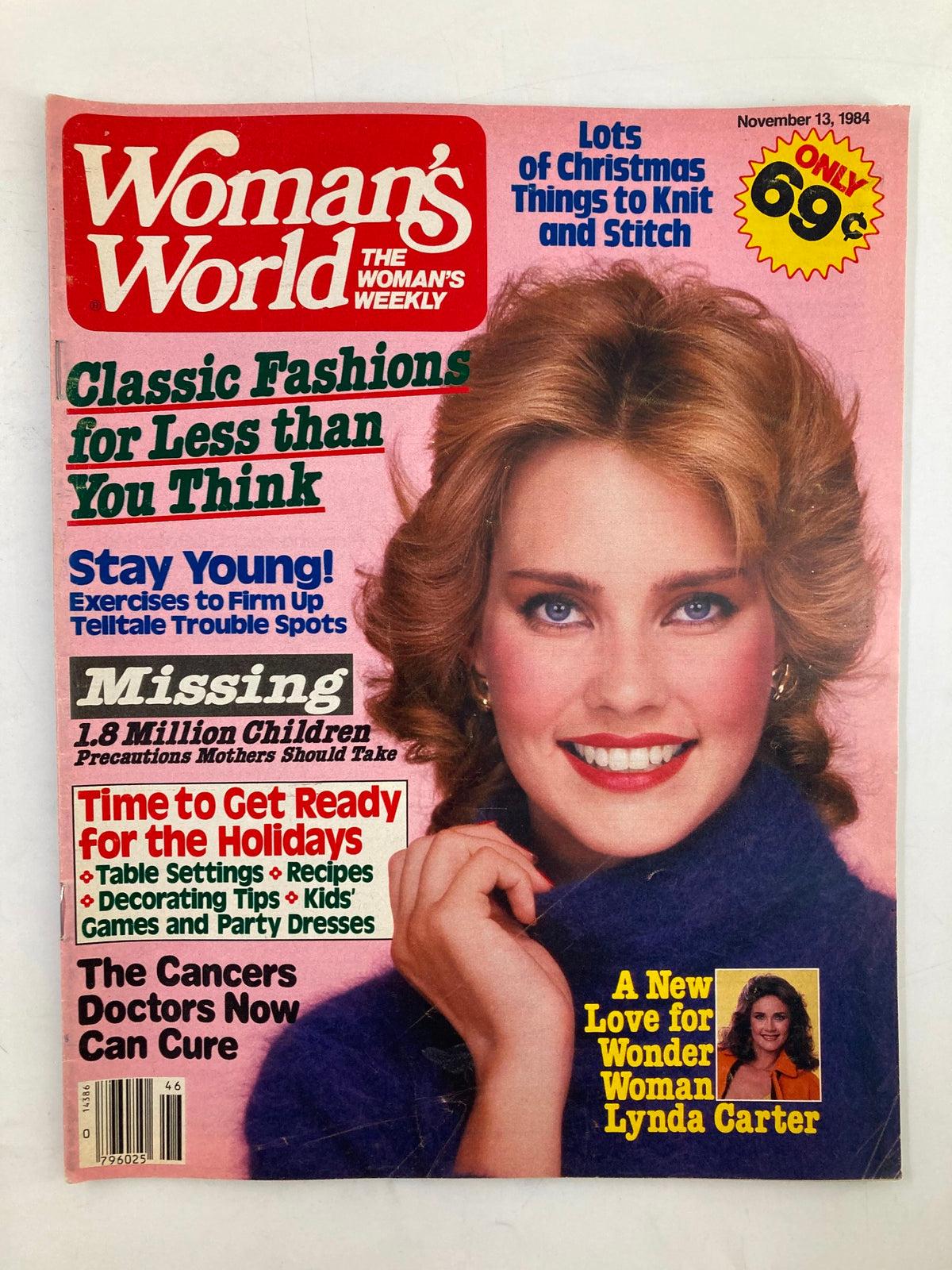 Cover of Woman's World Magazine dated November 13, 1984, featuring a smiling woman with blonde hair and a blue sweater, highlighting classic fashions and a mention of Wonder Woman Lynda Carter.