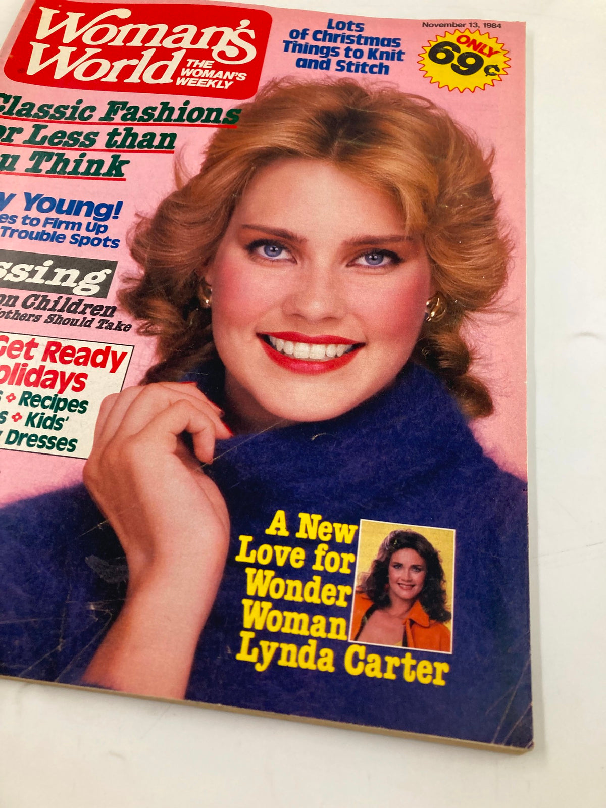 Close-up of the cover of Woman's World Magazine from November 13, 1984, showcasing a woman's face and promotional text about Wonder Woman Lynda Carter.