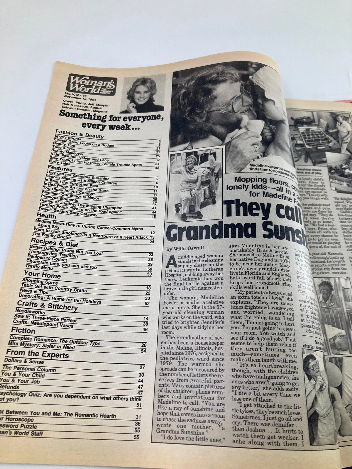 Inside page from Woman's World Magazine November 13, 1984 featuring articles and features including 'They Call Grandma Sunshine' by Willa Oswalt, showcasing lifestyle content relevant to women's interests in the 1980s.