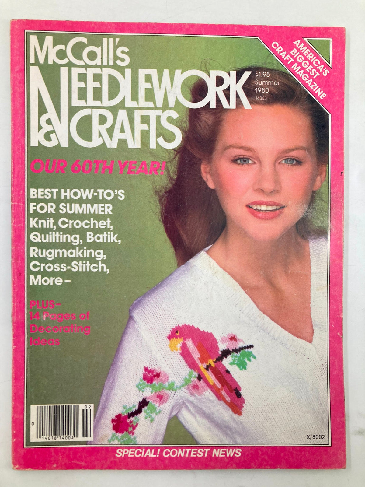 Cover of McCall's Needlework & Crafts Magazine Summer 1980 featuring a model wearing a sweater with a colorful bird design, highlighting best how-to's for summer knitting, crocheting, and crafting.