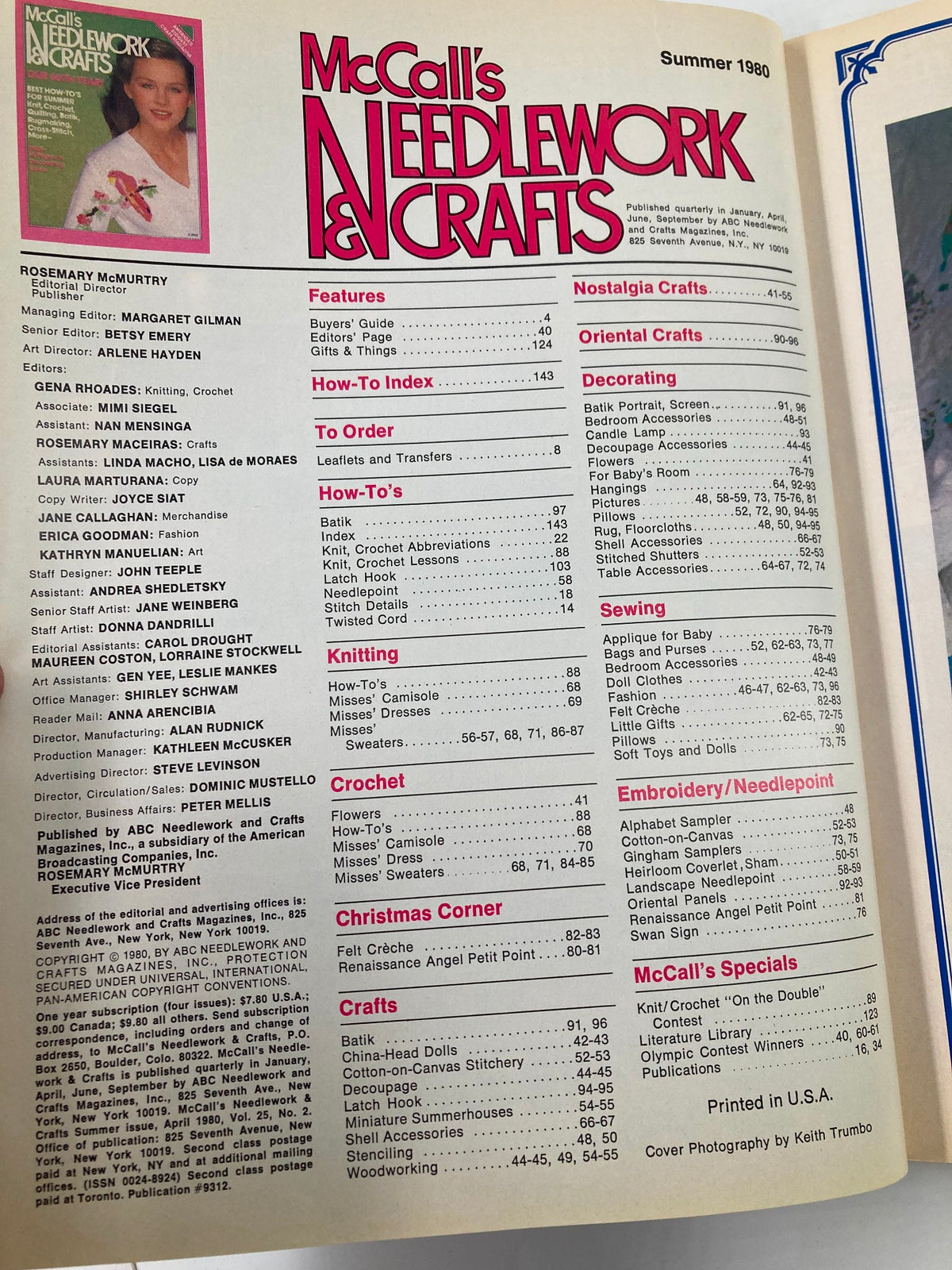 Inside page of McCall's Needlework & Crafts Magazine Summer 1980 showcasing the table of contents, featuring various craft sections including knitting, crochet, sewing, and more.
