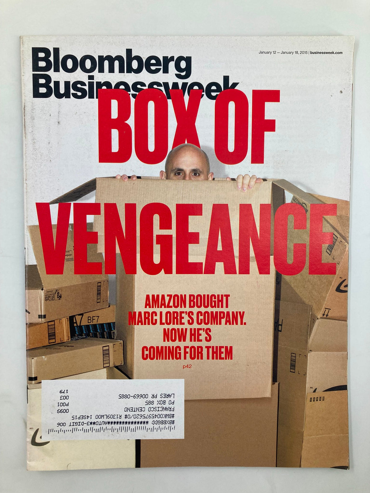 Bloomberg Businessweek Magazine January 12, 2015 cover featuring the headline 'Box of Vengeance' about Amazon's acquisition of Marc Lore's company. The cover includes striking visuals with boxes and a prominent figure, highlighting a pivotal moment in e-commerce history.