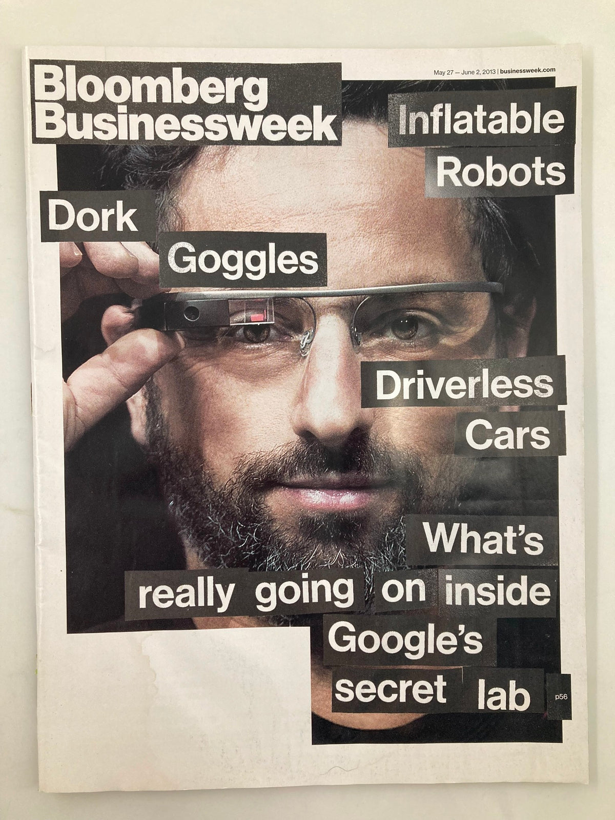 Bloomberg Businessweek Magazine cover from May 27, 2013, featuring the title 'Dork Goggles: Google's Secret Lab' and images related to inflatable robots and driverless cars.