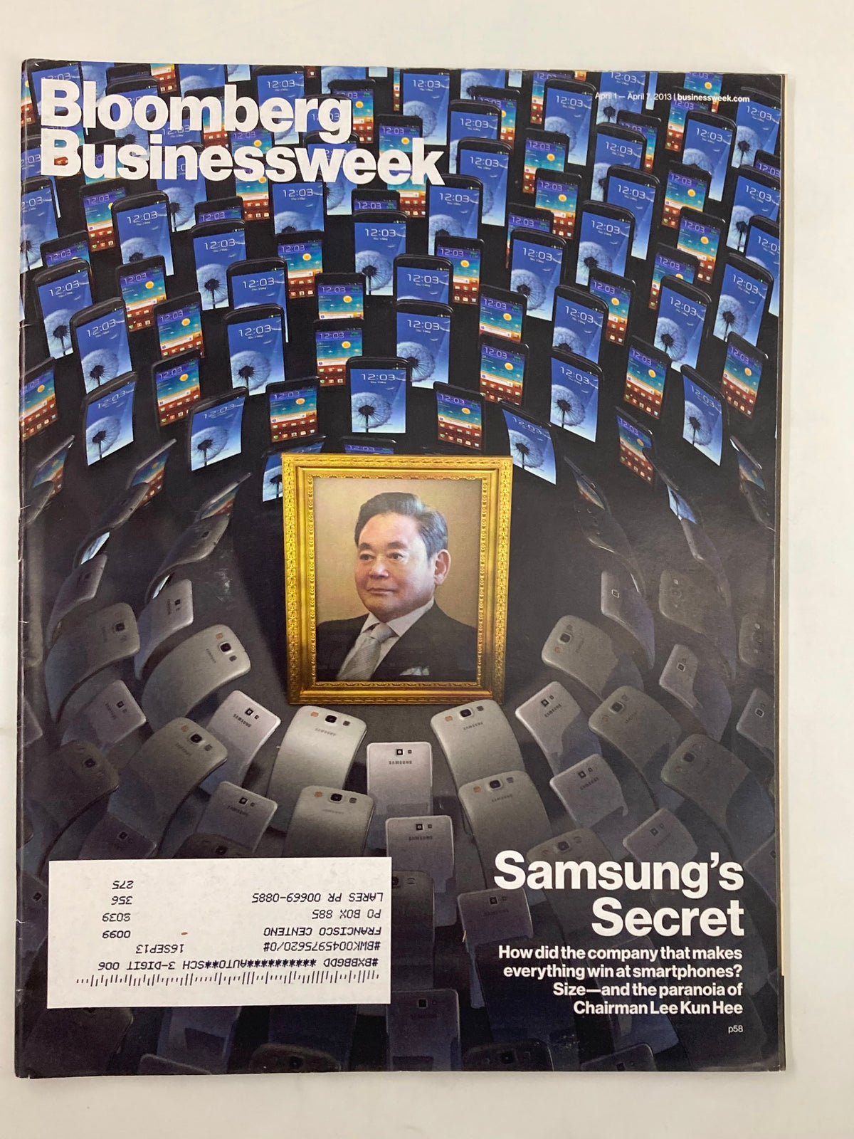 Cover of Bloomberg Businessweek Magazine, April 1, 2013, titled 'Samsung's Secret' featuring Lee Kun Hee's portrait against a backdrop of smartphones, showcasing the company's influence in technology.