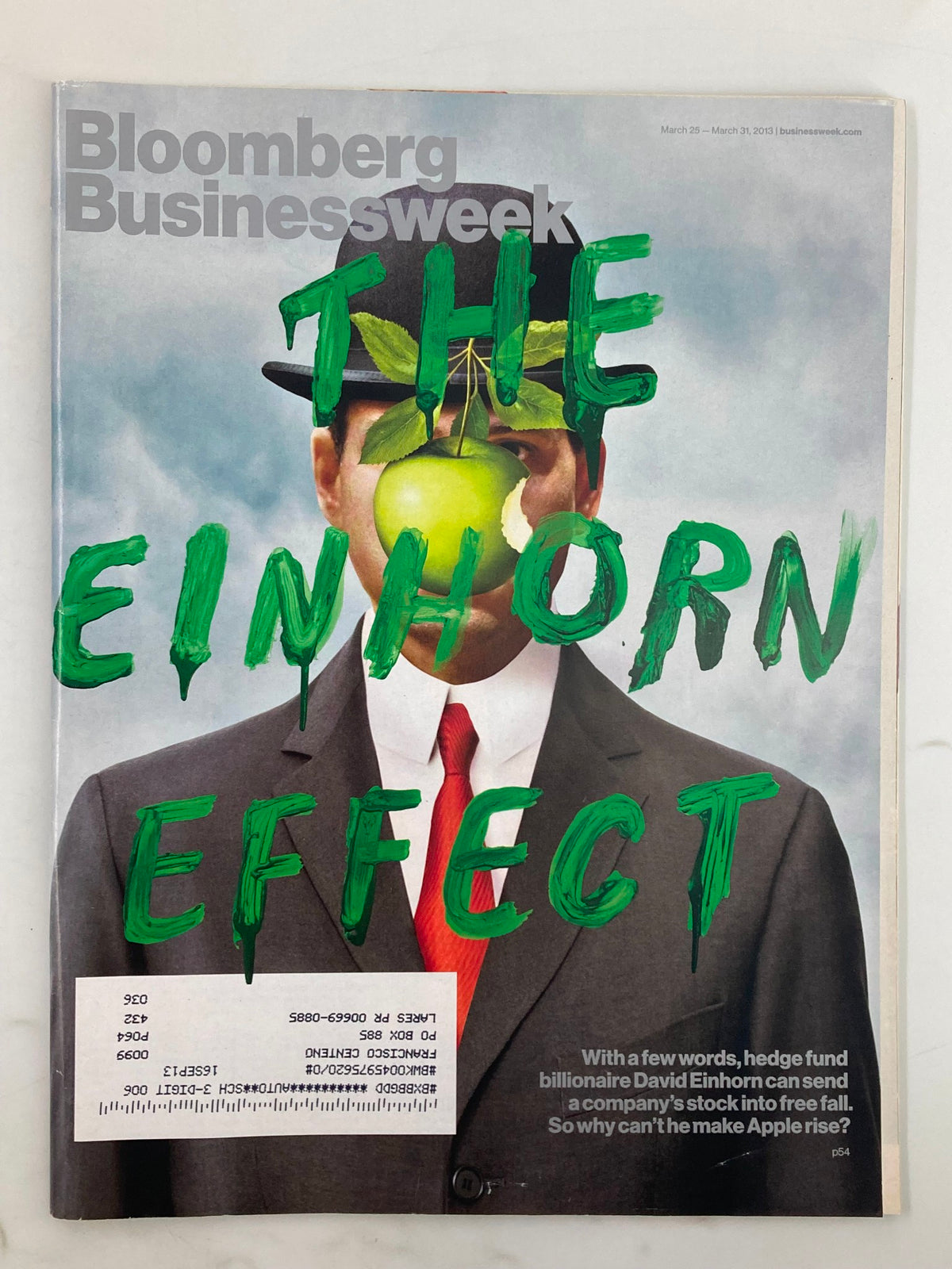 Cover of Bloomberg Businessweek Magazine from March 25, 2013, featuring the title 'The Einhorn Effect' with a creative illustration of a man wearing a suit and an apple, symbolizing David Einhorn's impact on finance.