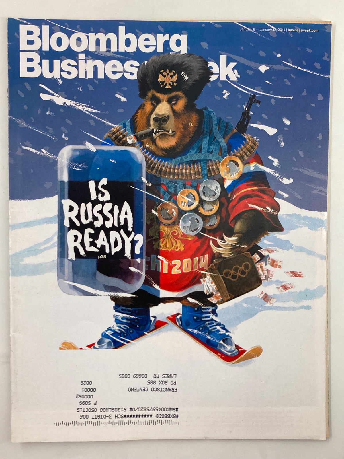 Cover of Bloomberg Businessweek magazine dated January 6, 2014, featuring an artistic depiction of a bear in winter Olympic attire with the question 'Is Russia Ready?' prominently displayed.