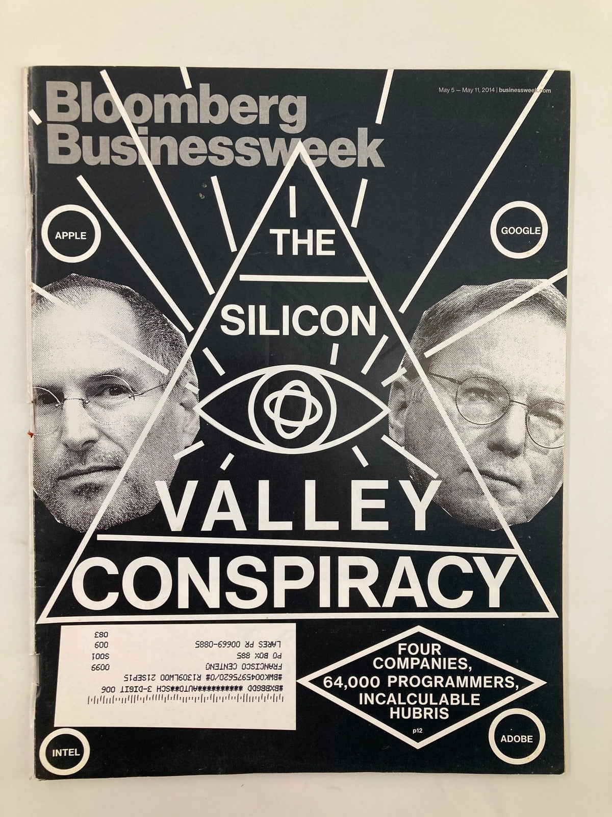 Cover of Bloomberg Businessweek Magazine, May 5, 2014, featuring 'The Silicon Valley Conspiracy' with prominent illustrations of tech company logos like Apple and Google, and photos of key figures. The magazine explores themes of corporate collaboration and competition in Silicon Valley.