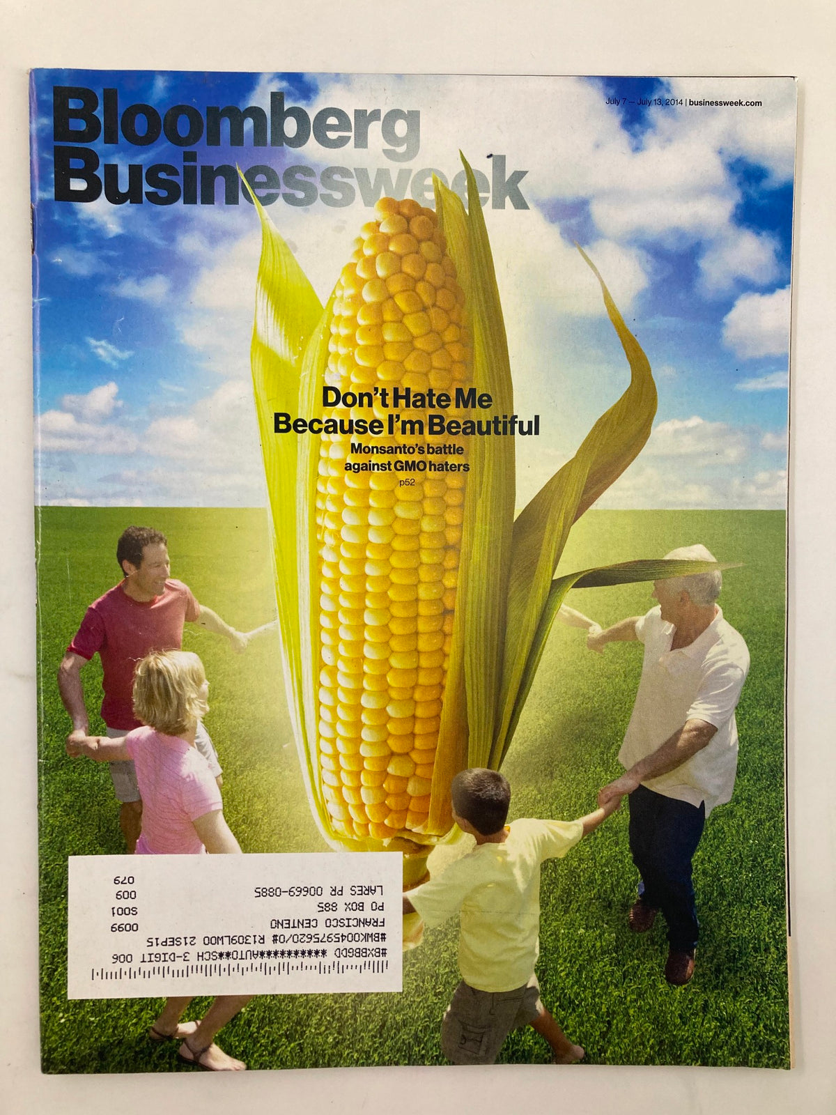 Cover of Bloomberg Businessweek Magazine, July 7, 2014, featuring the title 'Don't Hate Me Because I'm Beautiful' highlighting Monsanto's battle against GMO haters, illustrated with a large corn graphic and people engaging with it.