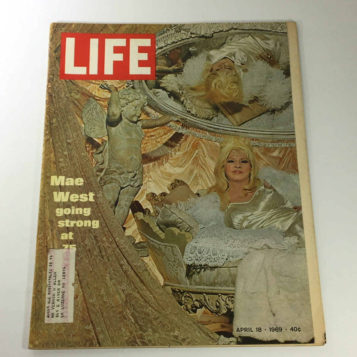 Life Magazine cover from April 18, 1969 featuring actress Mae West at age 70. The cover highlights Mae West surrounded by luxurious decor, emphasizing her iconic status in Hollywood and cultural history.