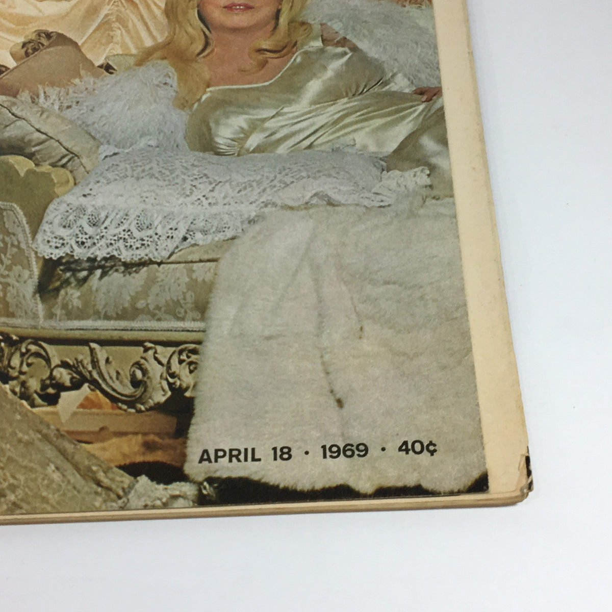 Close-up view of the Life Magazine cover dated April 18, 1969, showcasing actress Mae West at 70, adorned in elegant attire. The design reflects the vintage charm and significance of this classic magazine.