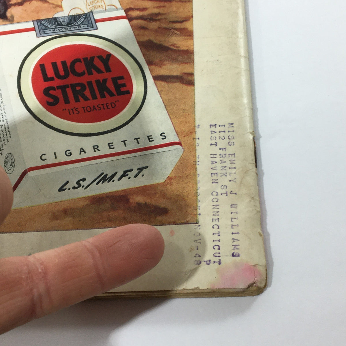 Image of the back cover of the VTG Life Magazine July 16 1945, featuring a vintage Lucky Strike cigarette advertisement and handwritten address, highlighting its collectible nature.