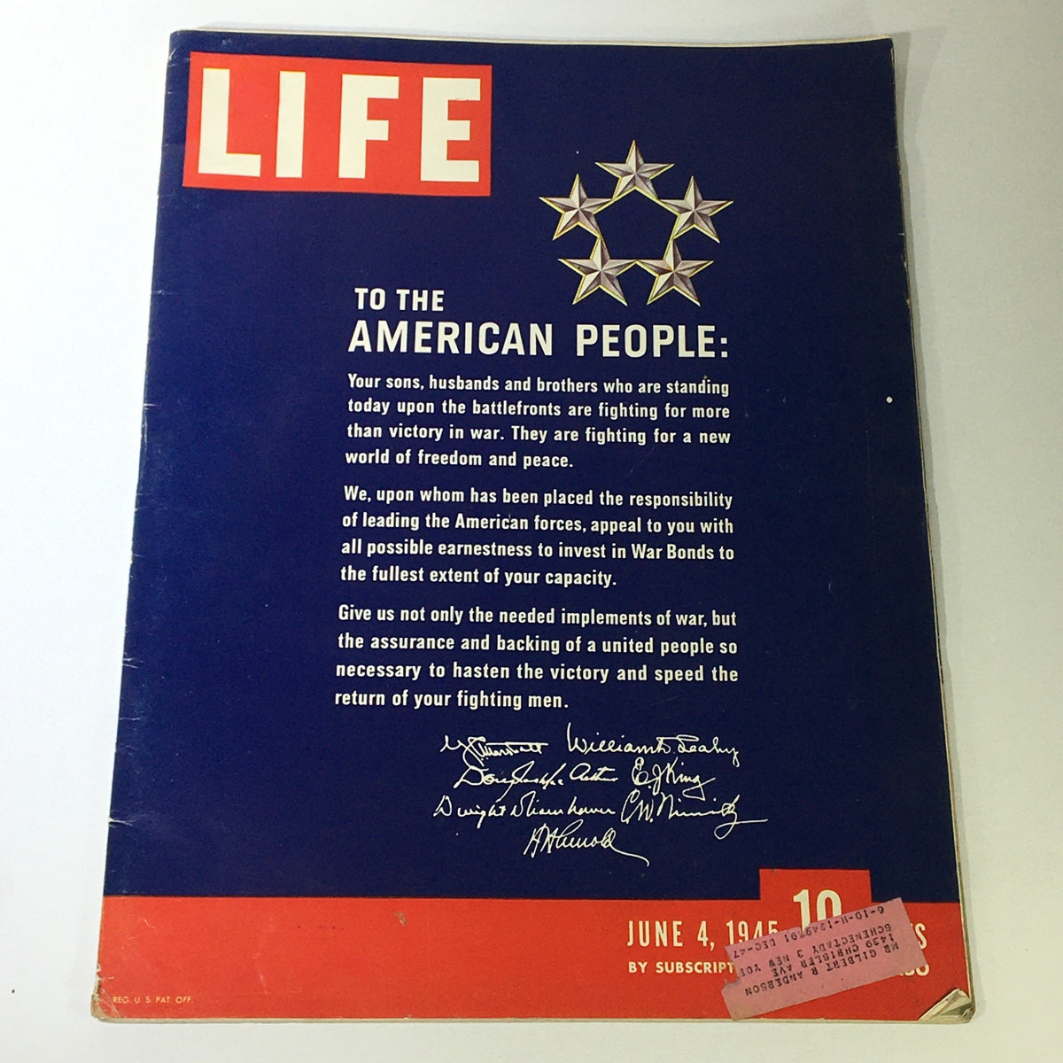 Cover of VTG Life Magazine June 4, 1945 Vol 18 #23, featuring a striking design and text addressed to the American people about war efforts.
